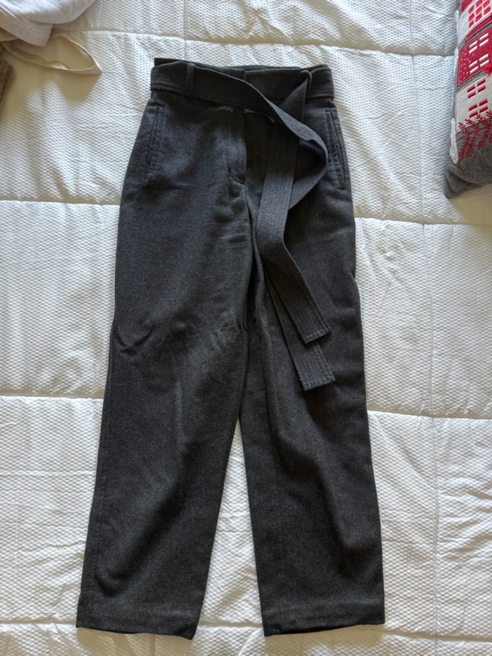 Aritzia Dark Charcoal Gray Wool High-Waisted Tie-Front Ankle Trousers